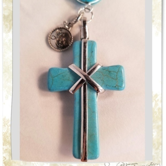 Handmade Accessories - Blue Love Cross Rear View Mirror Hanger
